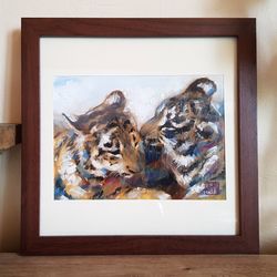 Original Small Oil Painting Cute Tigers