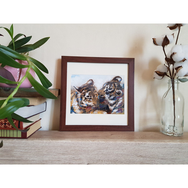 2 Original oil painting in a frame under glass - Tigers 7.2-5.3 in (18.5-13.5 cm)..jpg