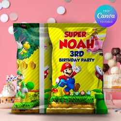 Super Mario Bros Chip Bag Birthday Party DIY, Super Mario Bros Chip Bag Template Canva Editable Instant Download