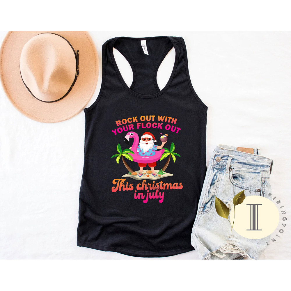 Rock Out with Your Flock Out Christmas in July Flamingo Shirt, Beach Santa, Beach Christmas Shirt, Xmas in Summer Shirt - 2.jpg
