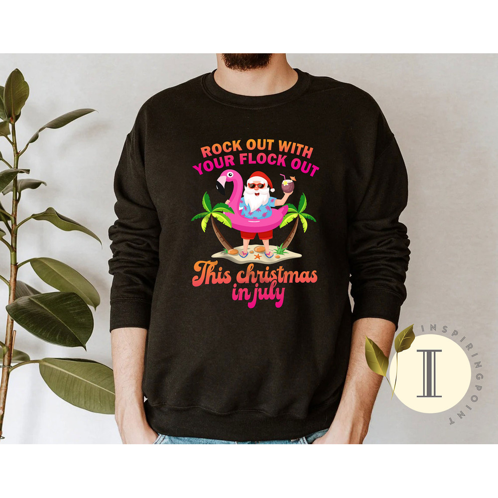 Rock Out with Your Flock Out Christmas in July Flamingo Shirt, Beach Santa, Beach Christmas Shirt, Xmas in Summer Shirt - 5.jpg