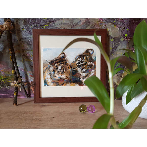 7 Original oil painting in a frame under glass - Tigers 7.2-5.3 in (18.5-13.5 cm)..jpg