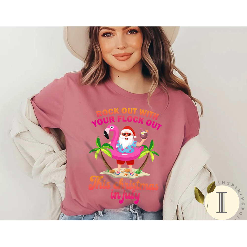Rock Out with Your Flock Out Christmas in July Flamingo Shirt, Beach Santa, Beach Christmas Shirt, Xmas in Summer Shirt - 6.jpg