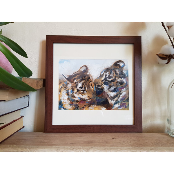 1 Original oil painting in a frame under glass - Tigers 7.2-5.3 in (18.5-13.5 cm)..jpg