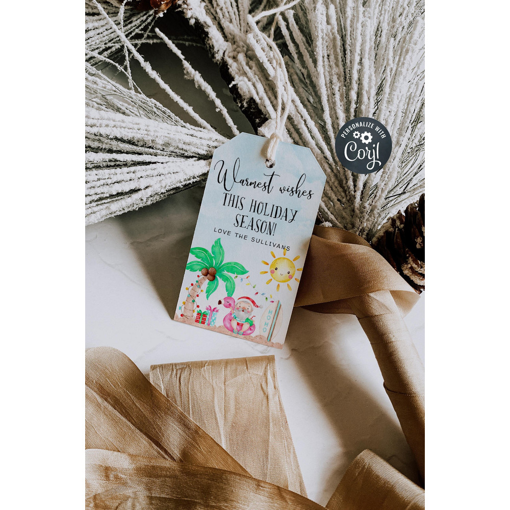 Tropical Christmas Gift Tag Template, Printable Summer Holiday Party Favor Tag, Warmest Wishes Tag, Beach Christmas Tags, Instant Download - 1.jpg