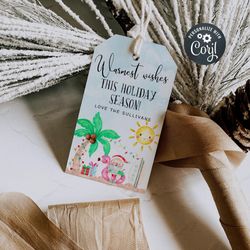 tropical christmas gift tag template, printable summer holiday party favor tag, warmest wishes tag, beach christmas tags