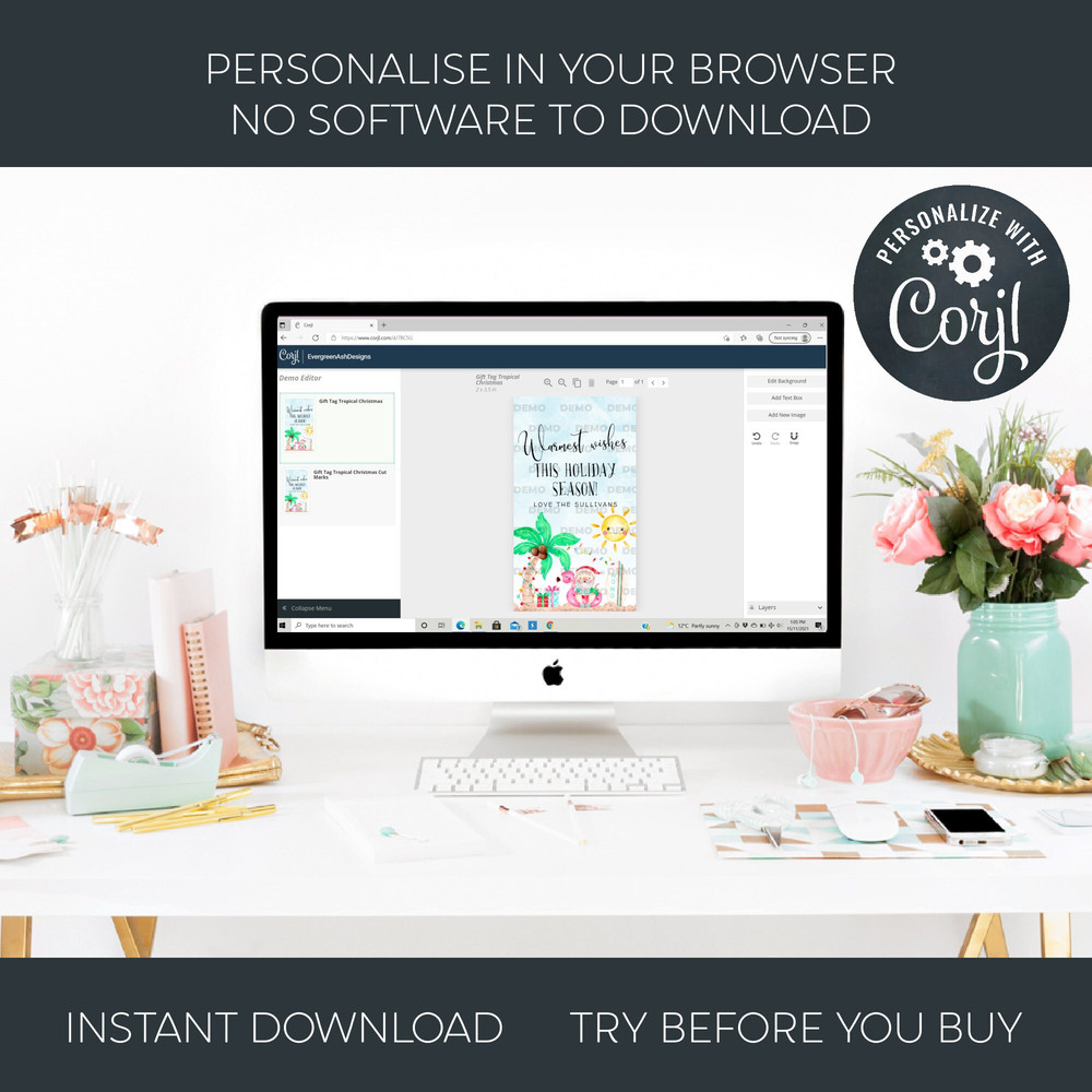 Tropical Christmas Gift Tag Template, Printable Summer Holiday Party Favor Tag, Warmest Wishes Tag, Beach Christmas Tags, Instant Download - 10.jpg