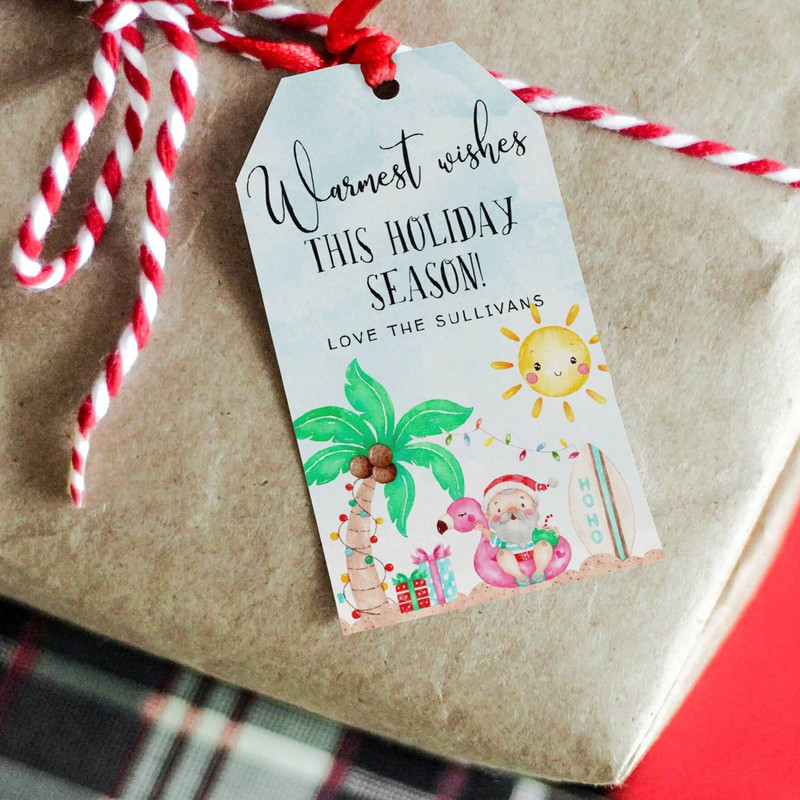 Tropical Christmas Gift Tag Template, Printable Summer Holiday Party Favor Tag, Warmest Wishes Tag, Beach Christmas Tags, Instant Download - 4.jpg