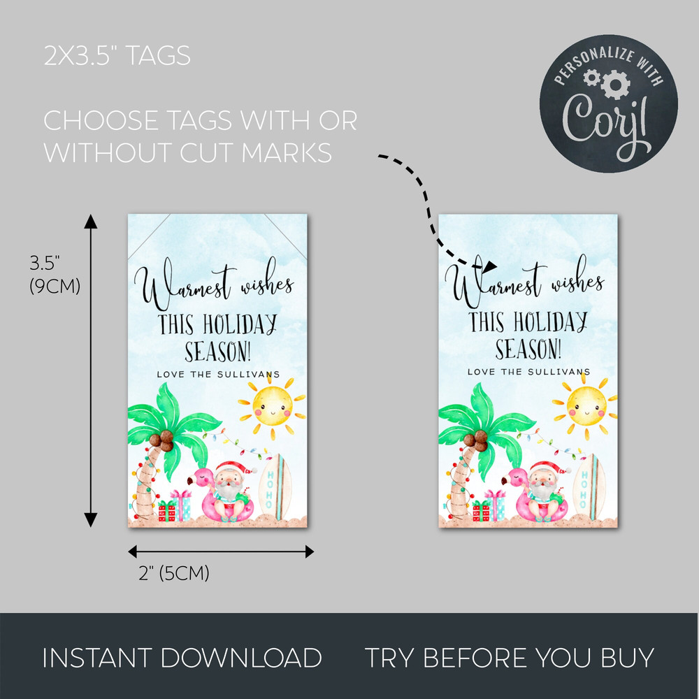 Tropical Christmas Gift Tag Template, Printable Summer Holiday Party Favor Tag, Warmest Wishes Tag, Beach Christmas Tags, Instant Download - 6.jpg