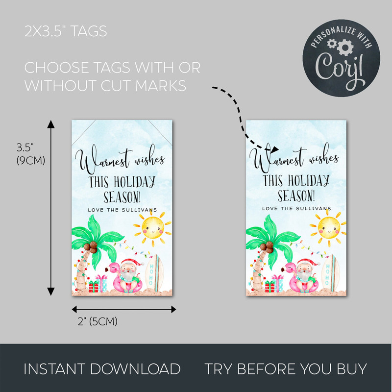 Tropical Christmas Gift Tag Template, Printable Summer Holiday Party Favor Tag, Warmest Wishes Tag, Beach Christmas Tags, Instant Download - 6.jpg