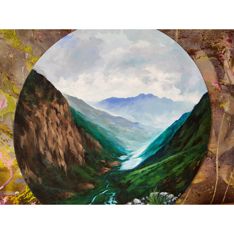 3 Original oil painting - Mountain Landscape, D 40cm..jpg