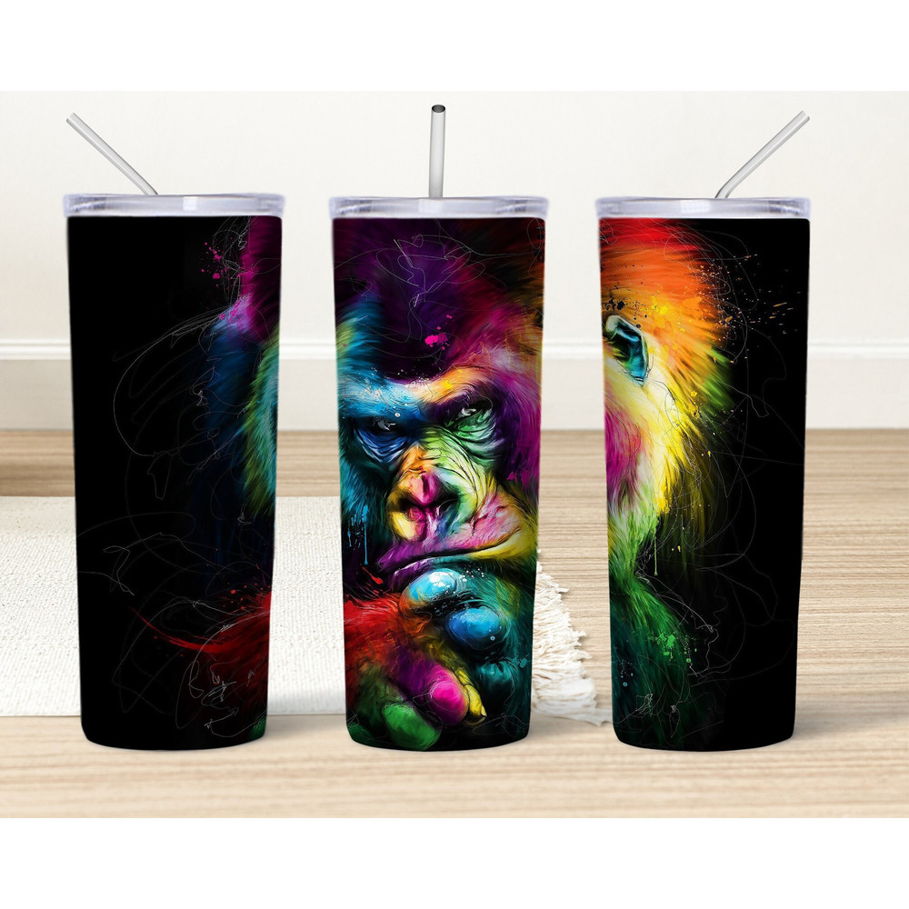 Gorilla Strong Tumbler, Pop Art Print Monkey, Chimpanzee Skinny Tumbler, Rainbow Animal Cup.jpg