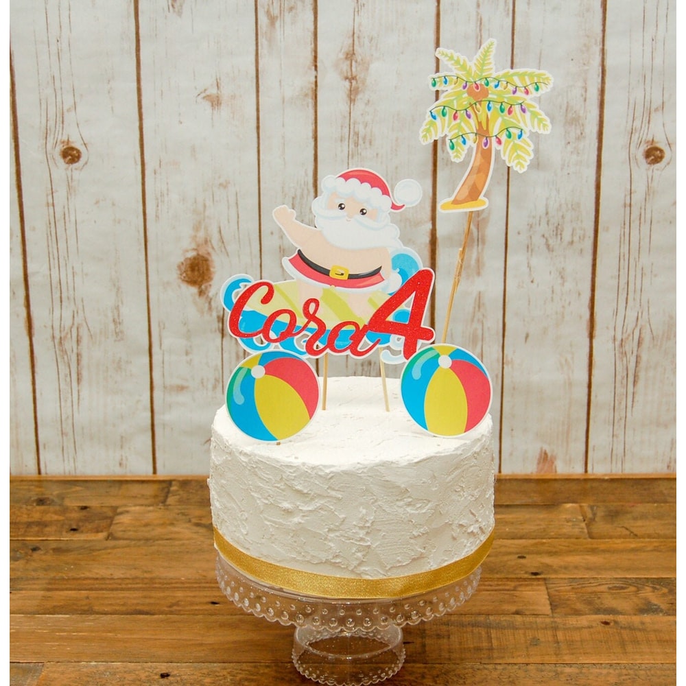 Merry Birthday Custom Cake Topper Choose Your CharactersSaying, Surfing Santa Birthday Ideas, Christmas in July Theme Fully Assembled - 1.jpg