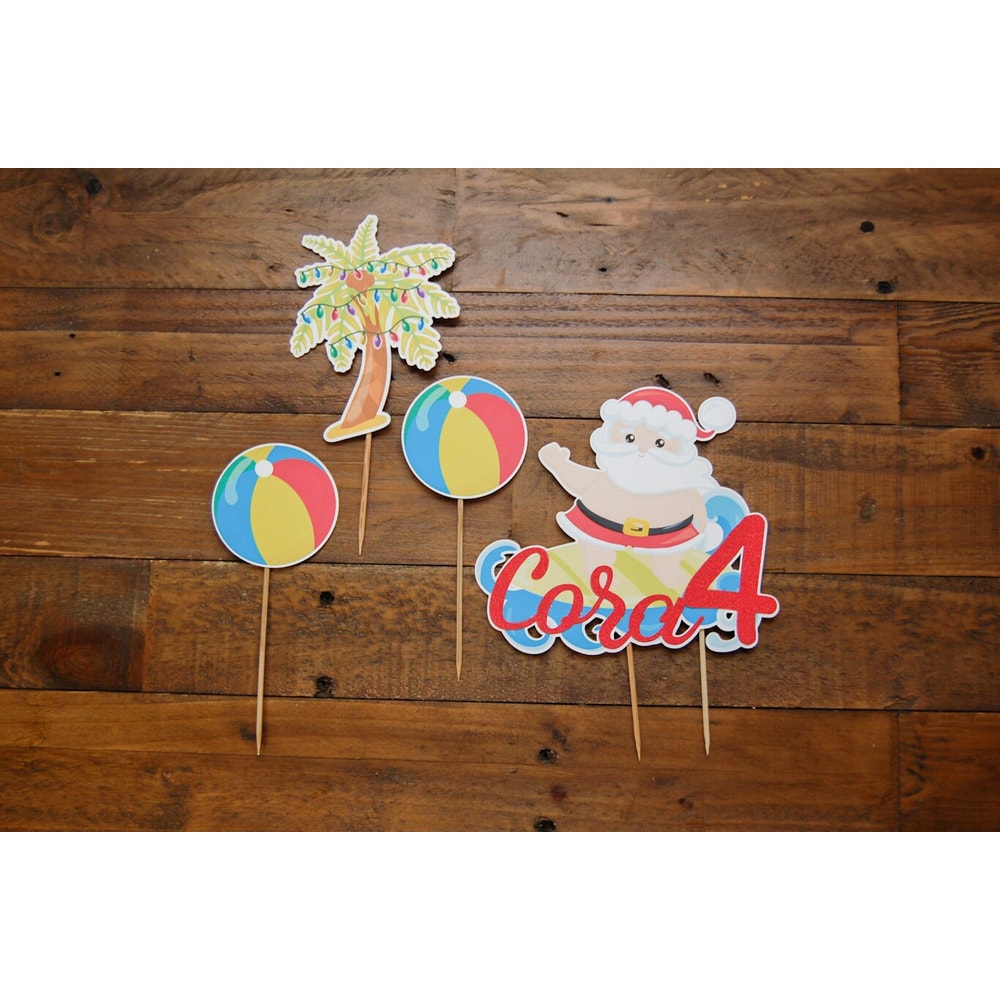 Merry Birthday Custom Cake Topper Choose Your CharactersSaying, Surfing Santa Birthday Ideas, Christmas in July Theme Fully Assembled - 3.jpg