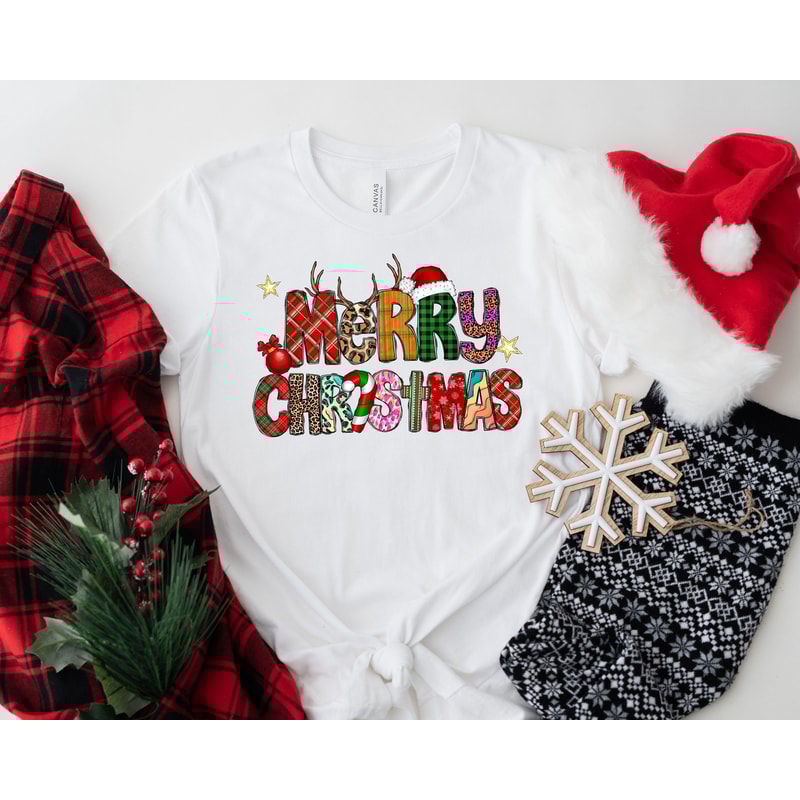 Merry Christmas Shirt, Cute Christmas Family Shirt, Women's Christmas tree Holiday Shirt, Santa Hat Christmas shirt, Santa Deer Shirt - 1.jpg