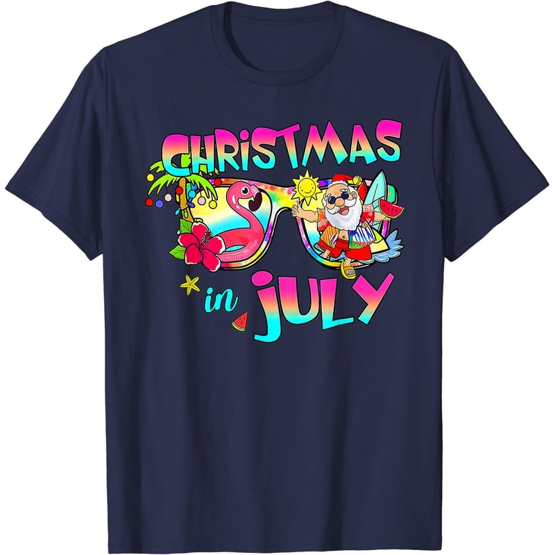 Pink Flamingo Santa Hat Christmas In July Summer Vacation T-Shirt - 41706 - 2.jpg