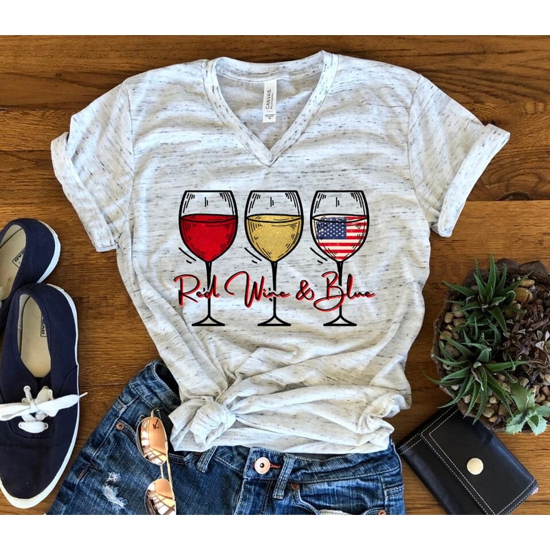 Red Wine And Blue 4th July America Americana American Pride Unisex V Neck T-Shirt - 1.jpg