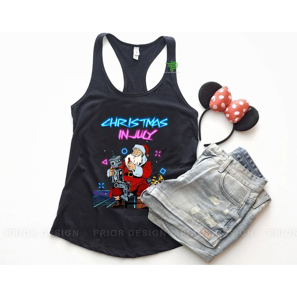Retro Cyberpunk Santa Clause July Christmas Tshirt, 80s Futuristic Santa and Robot Xmas in July Shirt, Tropical Hawaiian Christmas Tee - 5.jpg