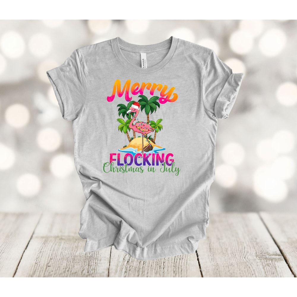 Summer Shirt, Merry Flocking Christmas In July, Flamingo Christmas, Premium Unisex Soft Tee Shirt, Plus Size Available 2x, 3x 4x - 3.jpg