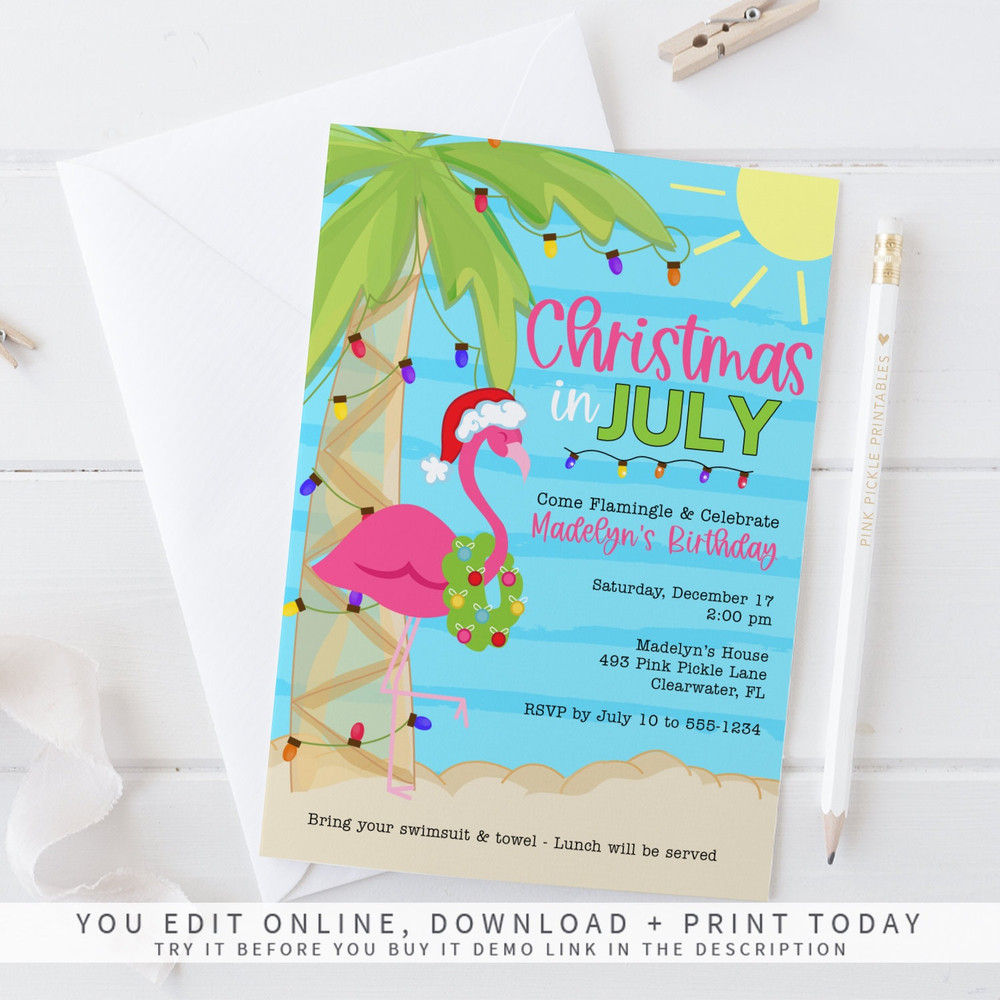 Christmas in July Invitation, Christmas Flamingo Invitation, Christmas in July, Summer Christmas, Instant Download 493 - 1.jpg