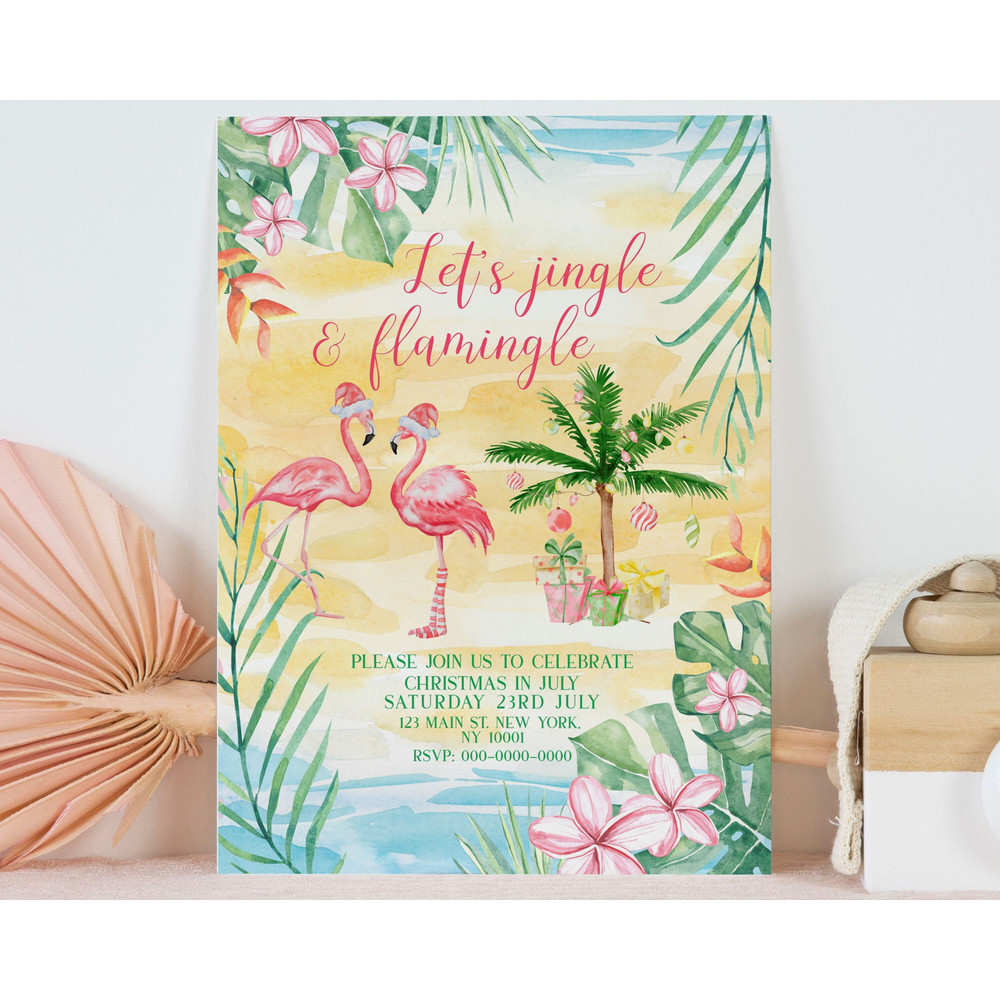 Christmas in July Invitation, Christmas in July Invite, Flamingo Christmas Party Invitation, Flamingle and Jingle, Editable Instant Download - 1.jpg