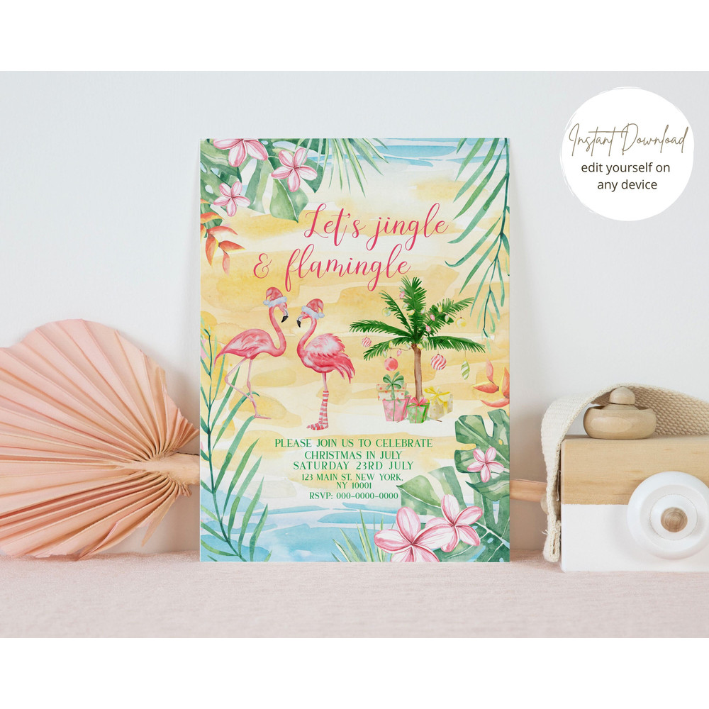 Christmas in July Invitation, Christmas in July Invite, Flamingo Christmas Party Invitation, Flamingle and Jingle, Editable Instant Download - 2.jpg