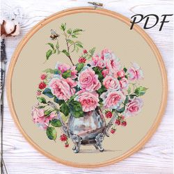 cross stitch pattern roses and raspberries (with a bumblebee) counted cross stitch design for embroidery pdf