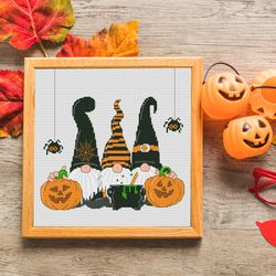 Halloween gnomes, Cross stitch pattern, Counted cross stitch, Gnome cross stitch, Halloween cross stitch