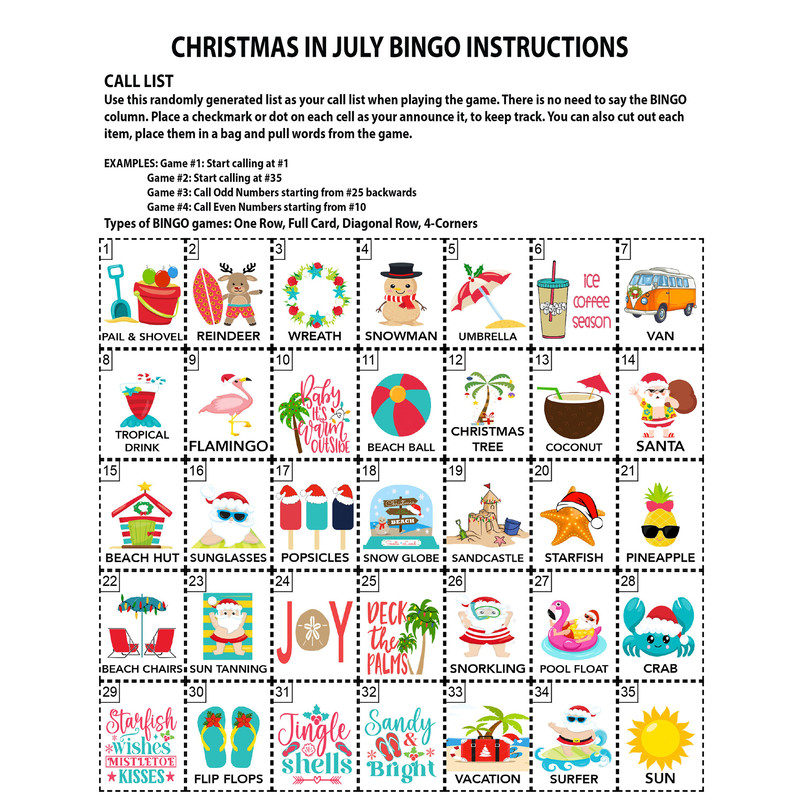 Christmas In July Game, Christmas in July Bingo, Party Game, For Adults and Kids, Printable Games, Instant Download, 16 Different Cards - 3.jpg