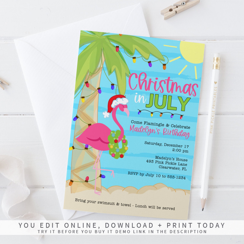 Christmas in July Invitation, Christmas Flamingo Invitation, Christmas in July, Summer Christmas, Instant Download 493 - 1.jpg