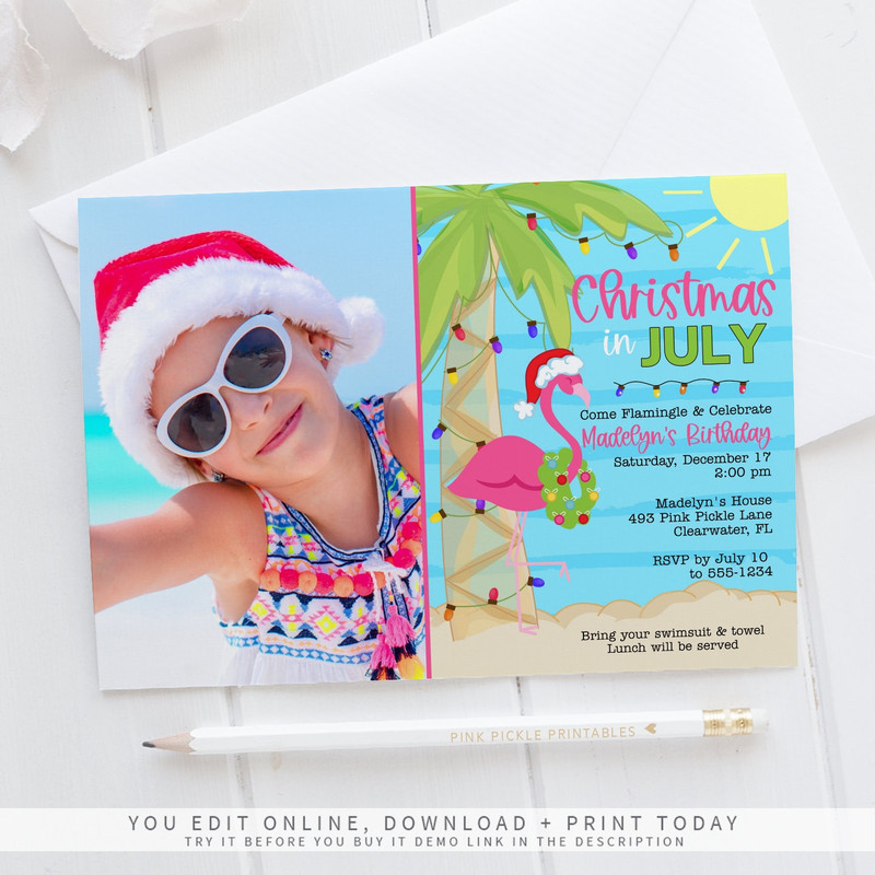 Christmas in July Invitation, Christmas Flamingo Invitation, Christmas in July, Summer Christmas, Instant Download 493 - 2.jpg