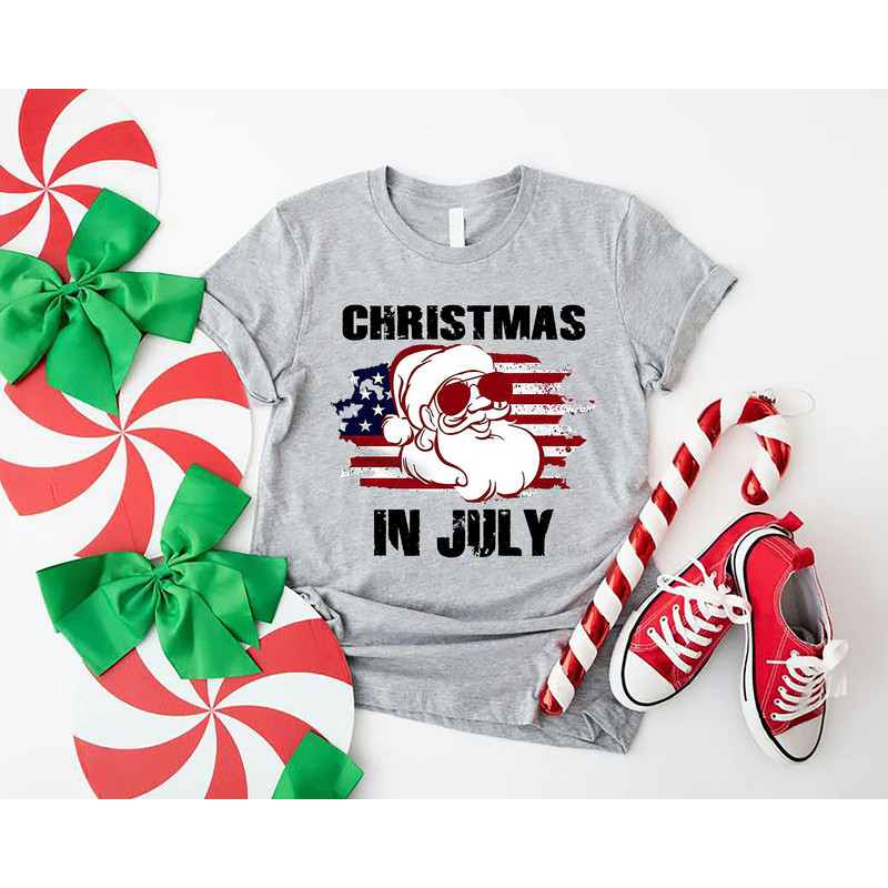 Christmas in July Shirt, US Flag Christmas in July Tshirts, Summer Holiday Santa Claus Shirt, USA Family Summer Vacation Tee, Patriotic Gift - 1.jpg