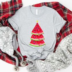 christmas in july watermelon shirt, watermelon tropical christmas tree shirt, summer vacation christmas in july shirt, h