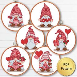 SET of 6 Funny Love Gnomes Cross Stitch Pattern, Easy Cute Valentine's Day Gnome Ornaments Embroidery, Counted Chart