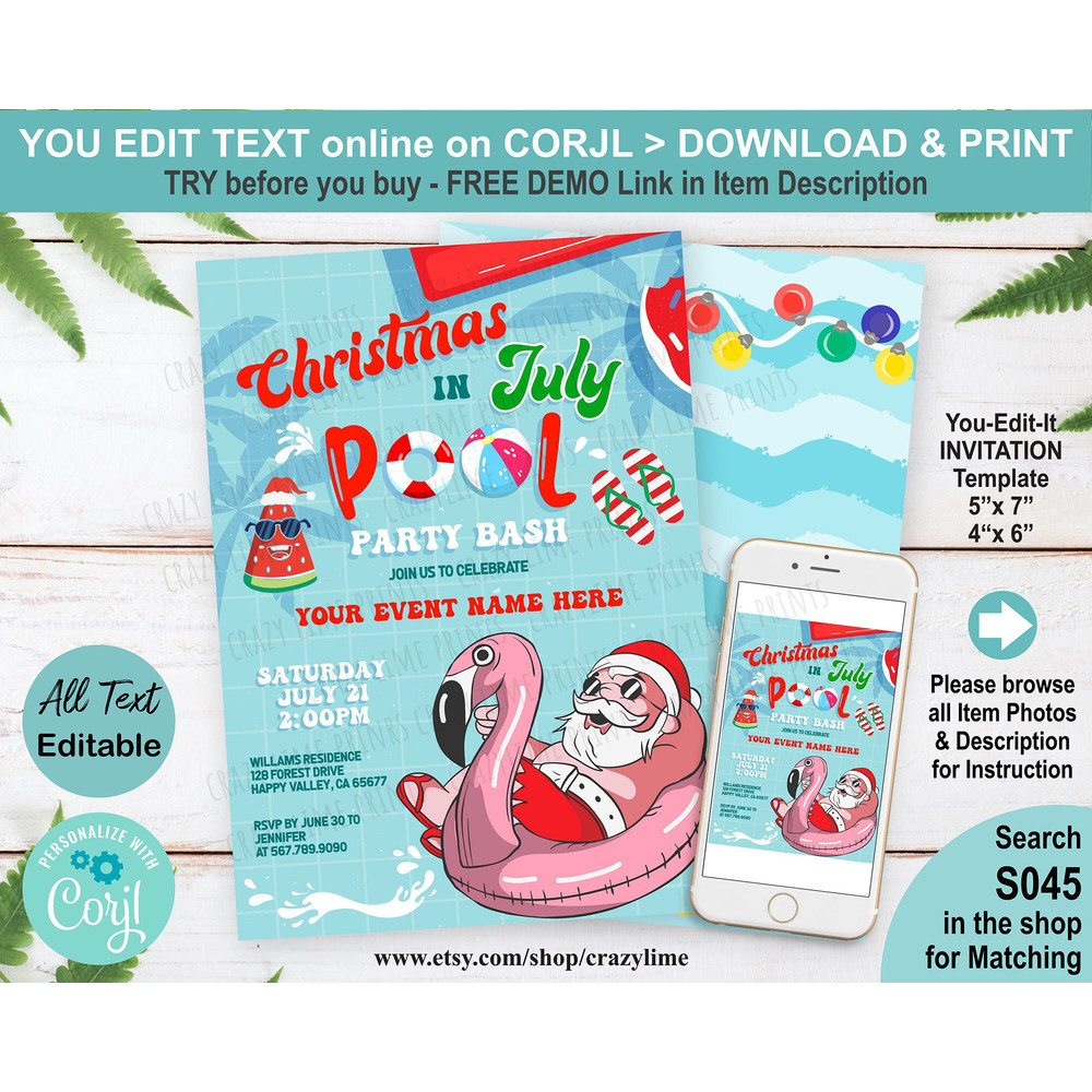 Editable Christmas in July Invitation Santa Summer Pool Party Invite Template Fun Birthday All Text Editable You Edit Online w Corjl S045 - 1.jpg