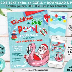 editable christmas in july invitation. santa summer pool party invite template. fun birthday. all text editable you edit