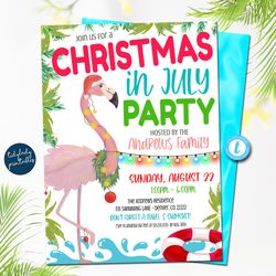 editable christmas in july party invitation, summer xmas flamingo holiday invite, tropical christmas, pool party, printa
