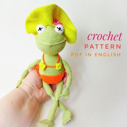 Crochet Pattern PDF- amigurumi cute summer frog on vacation or Kermit the frog- one scheme! Funny frog with movable paws