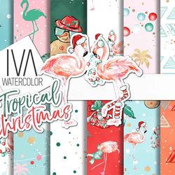 tropical christmas digital paper pack, summer xmas patterns, cute flamingo xmas, seamless pattern, flamingo template, au