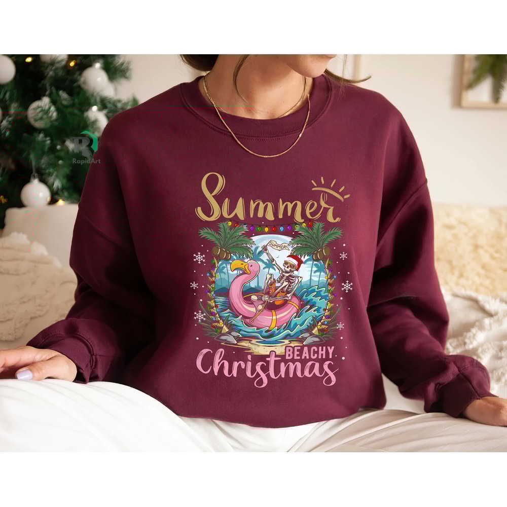 Beach Christmas in July Shirt, Funny Hawaiian Xmas Shirts, Skeleton Tee, Tropical Christmas in July Shirt, Summer Holiday - 3.jpg