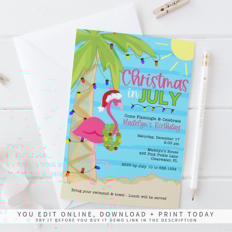 Christmas in July Invitation, Christmas Flamingo Invitation, Christmas in July, Summer Christmas, Instant Download 493 - 1.jpg