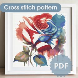 Cross stitch pattern Watercolor rose, cross stitch chart PDF, Flag colors Rose