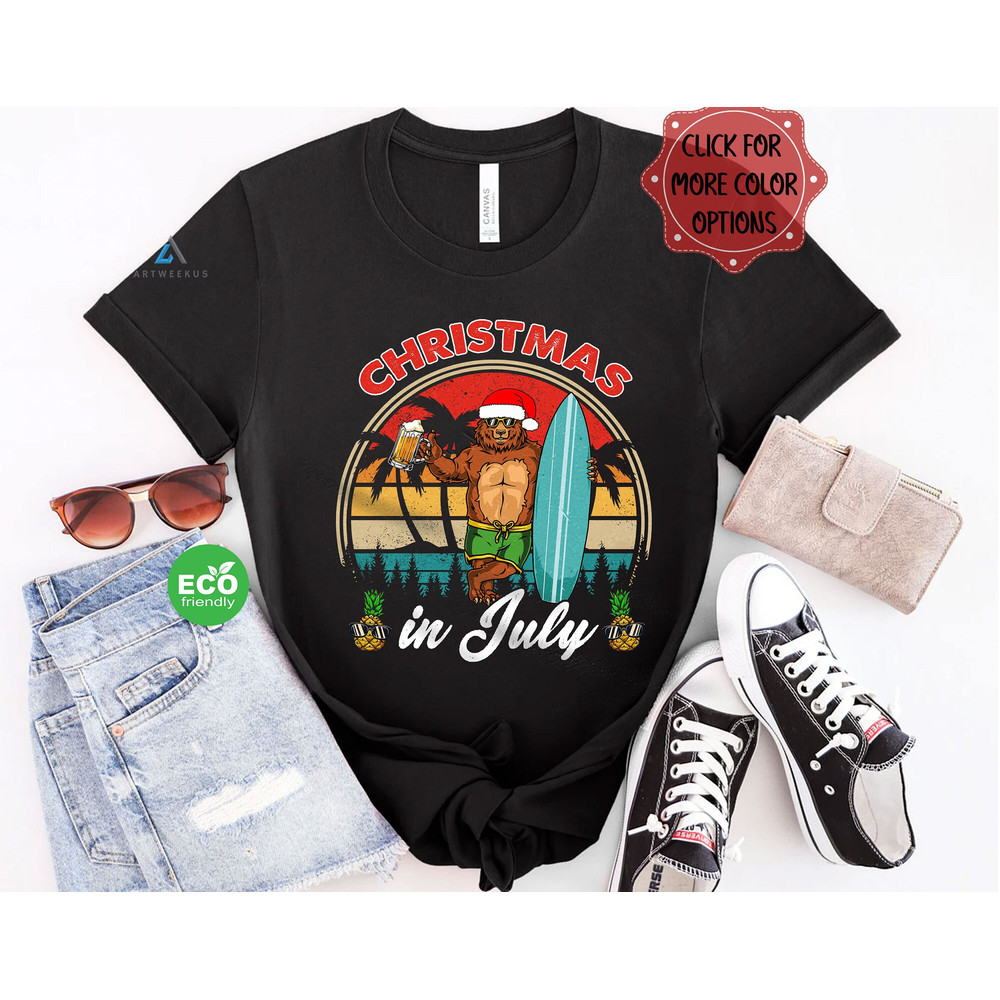 Bear Drinking at the Beach Christmas in July Tshirt, Summer Christmas Beer Shirt, Hawaii Bear Summer Vacation Tee, July Gift - 1.jpg