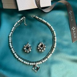 Silver 925 Jewelry Set Necklace Earrings RHOMBUS