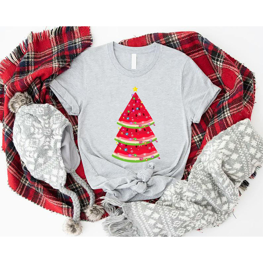 Christmas in July Watermelon Shirt, Watermelon Tropical Christmas Tree Shirt, Summer Vacation Christmas in July Shirt, Hawaiian Xmas Tshirt - 1.jpg