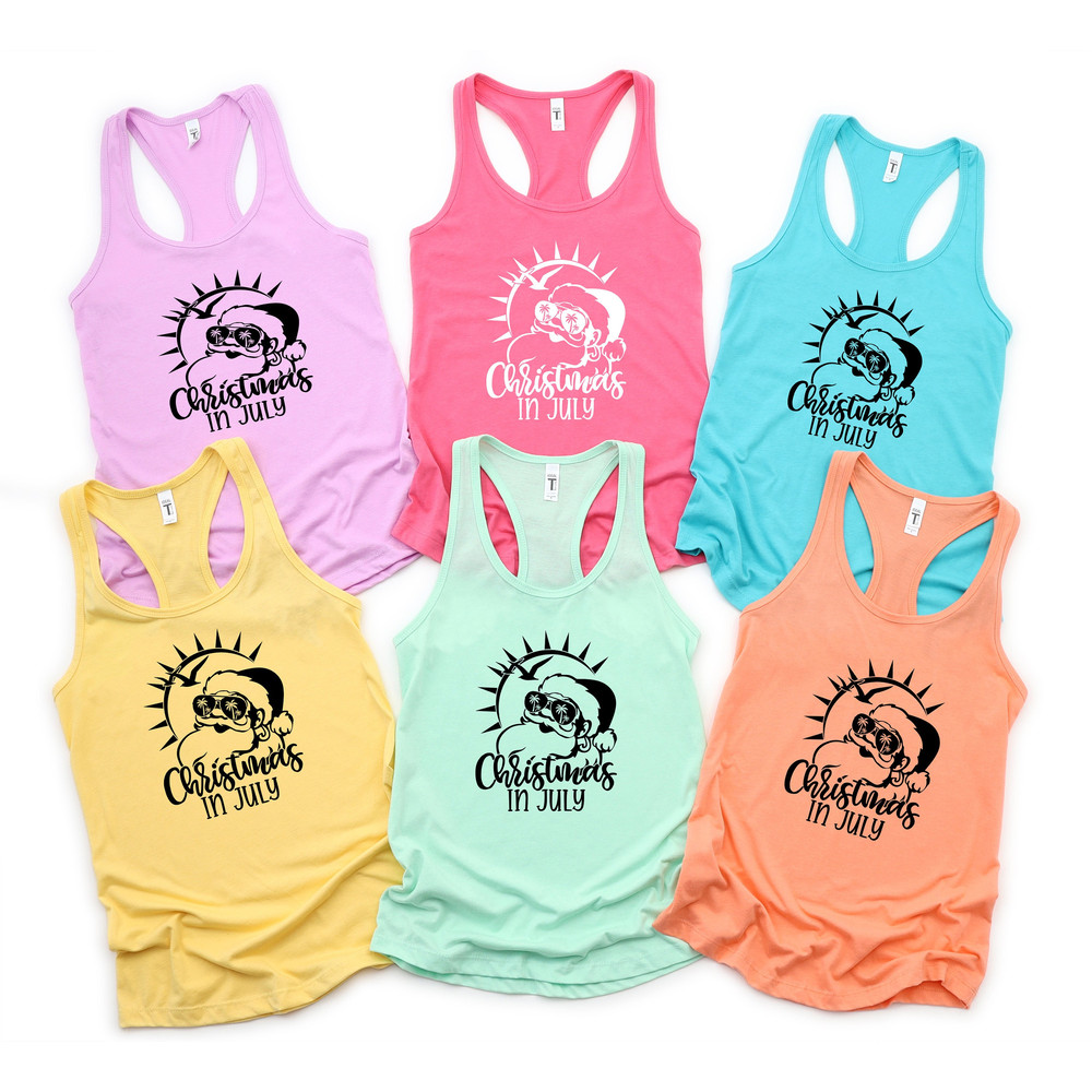 Christmas in July Women Racerback Tank, Summer Beach Tank Top, Mid of Year Shirt, Summer Vacation Shirt, Summer Santa Shirt, Funny Xmas Tee - 1.jpg