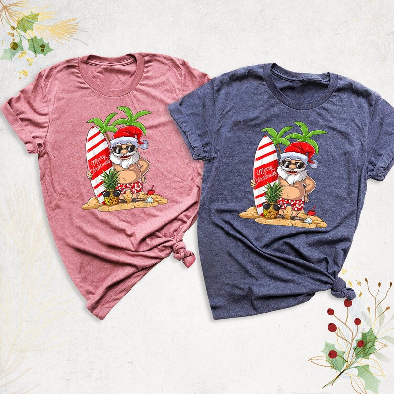 Christmas Santa Surf Shirt, Matching Family T-Shirt, Tropical Xmas Santa Shirt, Christmas On The Beach Shirt, Hawaiian Christmas Party Shirt - 1.jpg