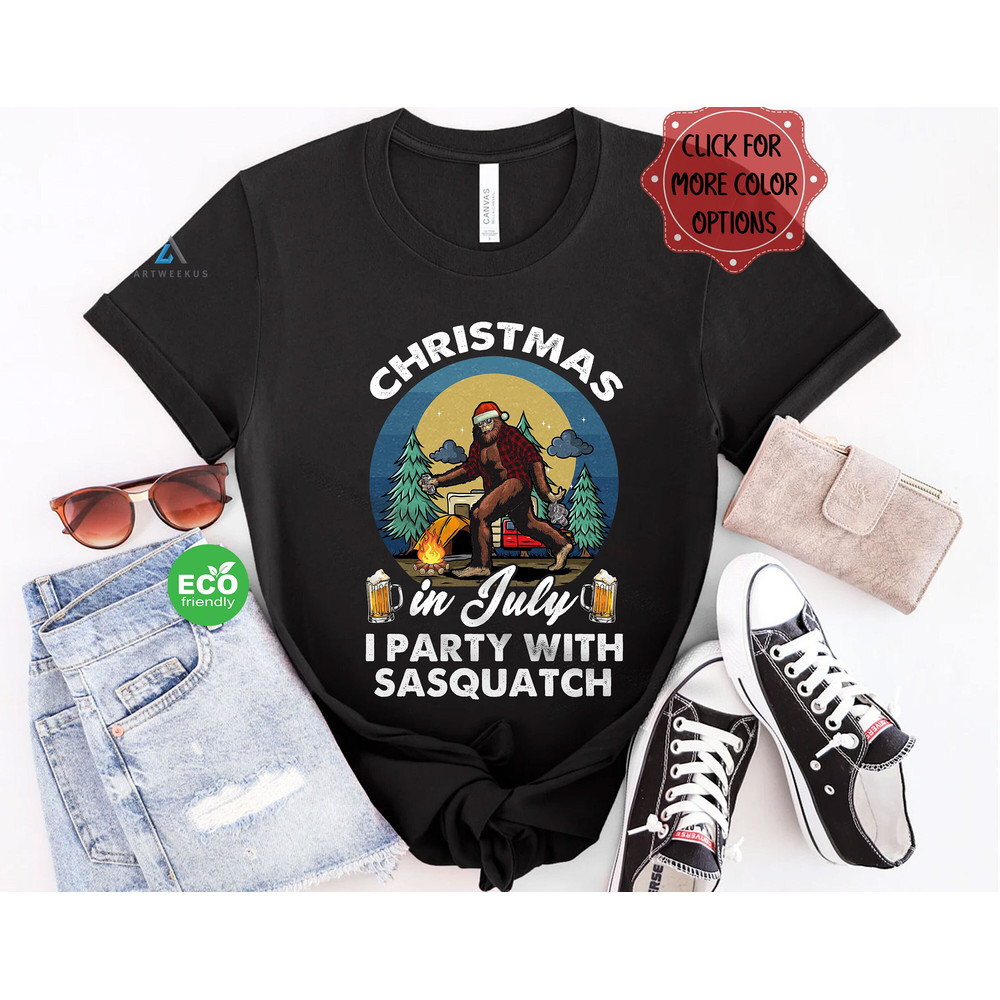 Funny Christmas in July I Party with Sasquatch Tshirt, Vintage Bigfoot Camping and Drinking Beer Shirt, Gift for Camper - 1.jpg