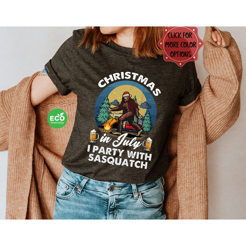 Funny Christmas in July I Party with Sasquatch Tshirt, Vintage Bigfoot Camping and Drinking Beer Shirt, Gift for Camper - 2.jpg