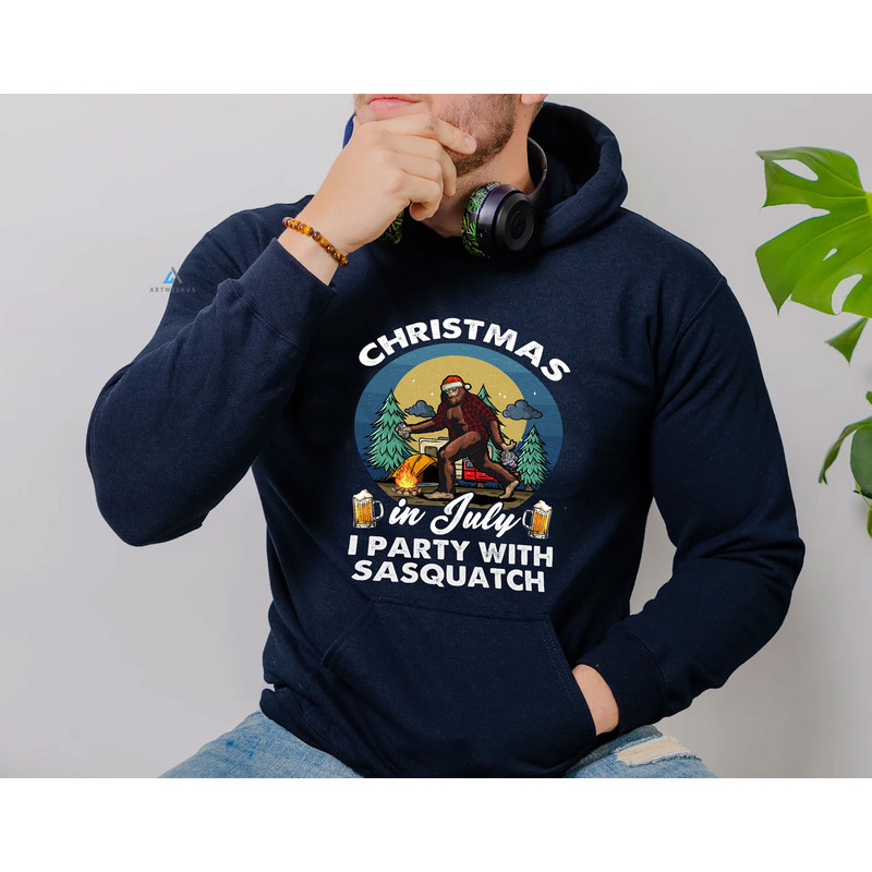 Funny Christmas in July I Party with Sasquatch Tshirt, Vintage Bigfoot Camping and Drinking Beer Shirt, Gift for Camper - 4.jpg